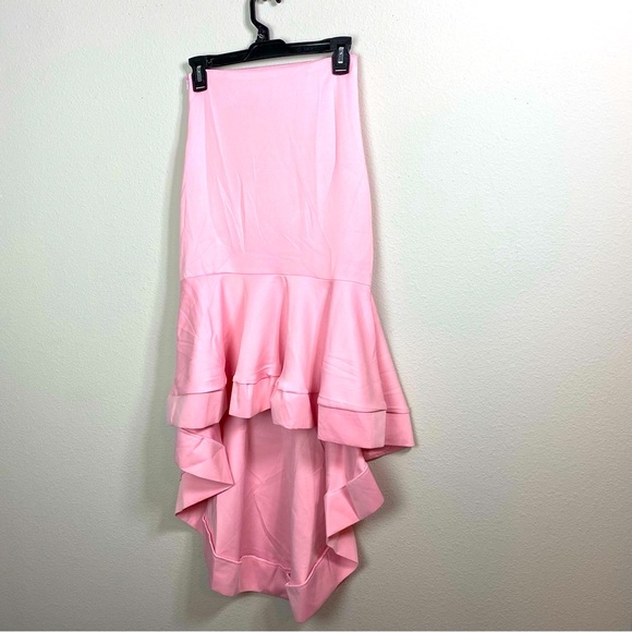 Women’s Scuba Mermaidcore Ruffle High-Low Hem Hidden Side Zipper Pink Midi Skirt - Picture 4 of 5